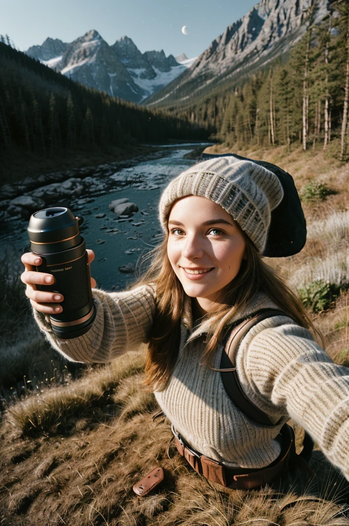 1 woman((upper body selfie, happy)), masterpiece, best quality, ultra-detailed, solo, outdoors, (night), mountains, nature, (stars, moon) cheerful, happy, backpack, sleeping bag, camping stove, water bottle, mountain boots, gloves, sweater, hat, flashlight, forest, rocks, river, wood, smoke, shadows, contrast, clear sky,
analog style (look at viewer:1.2) (skin texture)
(film grain:1.3), (warm hue, warm tone)