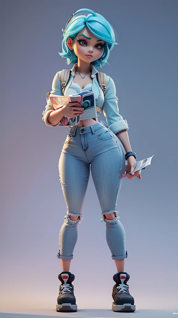 a close up of a cartoon character holding a newspaper, render of april, promotional render, 3 d render character art 8 k, full body character portrait, official character art, gwen stacy, 3 d character render, full-body character portrait, character full body portrait, character render, full body character, blue jeans. unreal 5, full body render, fullbody portrait