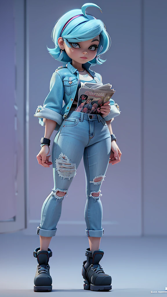 a close up of a cartoon character holding a newspaper, render of april, promotional render, 3 d render character art 8 k, full body character portrait, official character art, gwen stacy, 3 d character render, full-body character portrait, character full body portrait, character render, full body character, blue jeans. unreal 5, full body render, fullbody portrait