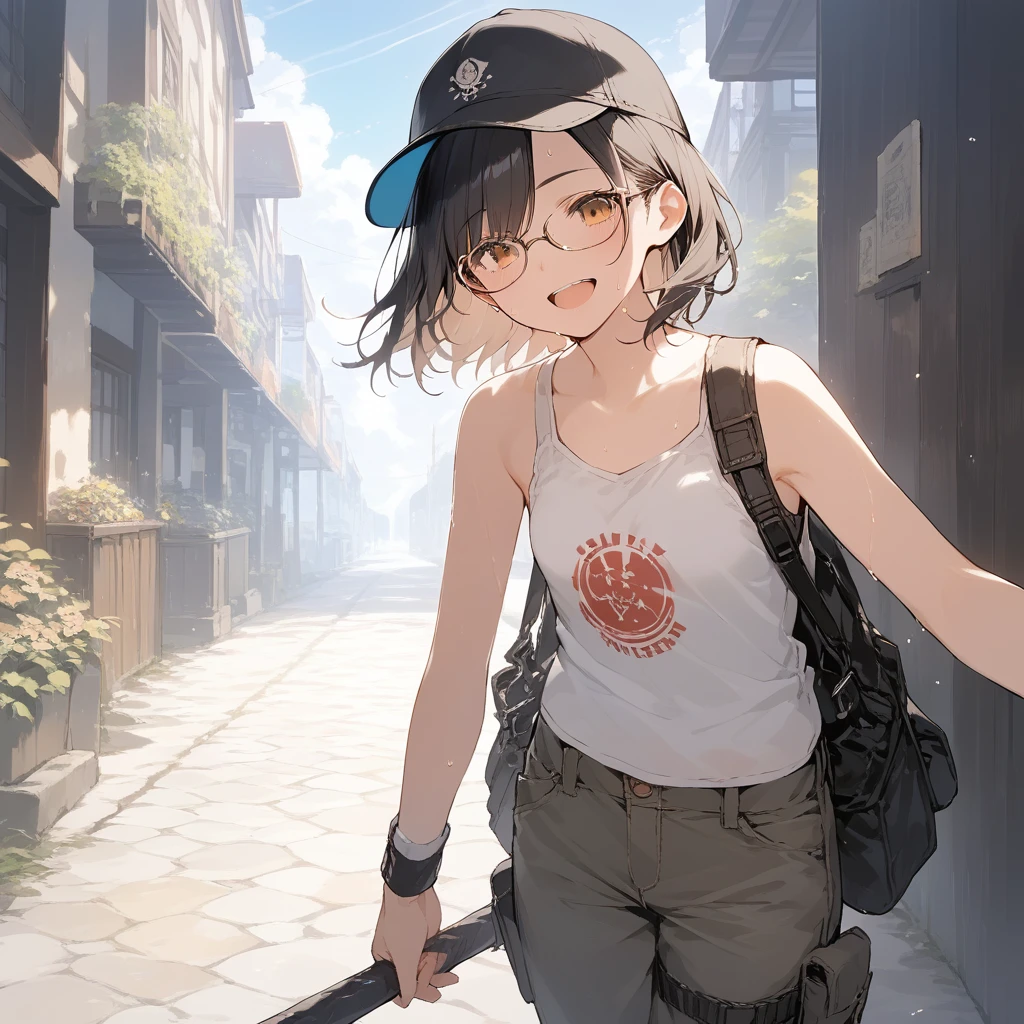 score_9, score_8_up, score_7_up, source_anime, best quality, masterpiece, official art, absurdres, highres, ultra-detailed,waifu2x,Collection: Slice of Life,break,1girl, fantasy world, short hair, glasses, small breasts, cap, tank top, cargo pants, sweat, open mouth,smile, outdoors, wind, break,(clear line illustration:1.2),very high resolution, very aesthetic, super detailed skin, Best sexual lighting powered by famous artist, 8k,cute picture,beauty illustration,photoshop_(medium),,(Detailed Lighting),best anime 8k konachan wallpaper, pixiv contest winner,