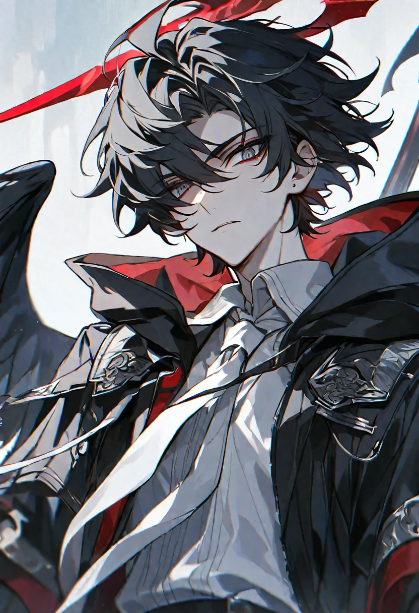 solo, handsome, 1 male, short hair, black hair and white color hair, pale eyes, white shirt, white tie, black hood, black wings, red halo, red scythe