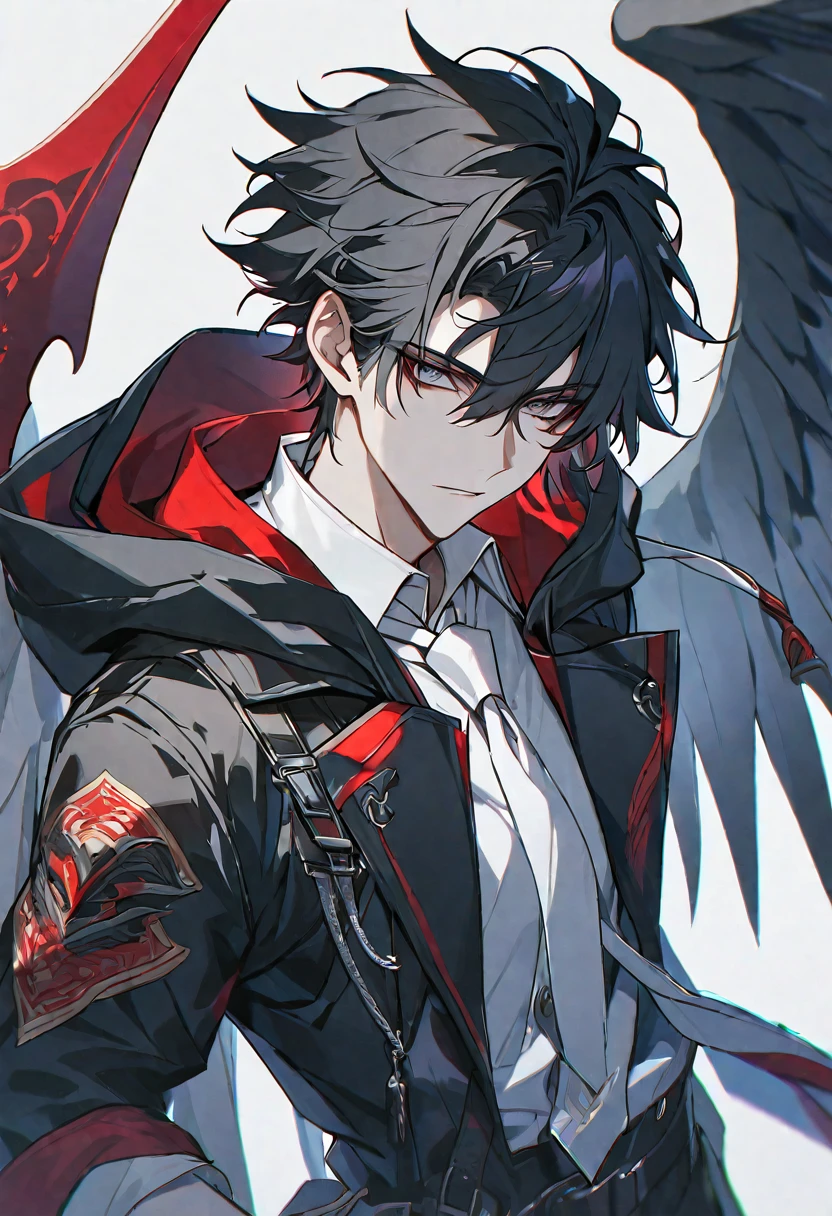 solo, handsome, 1 male, short hair, black hair and white color hair, pale eyes, white shirt, white tie, black hood, black wings, red halo, red scythe