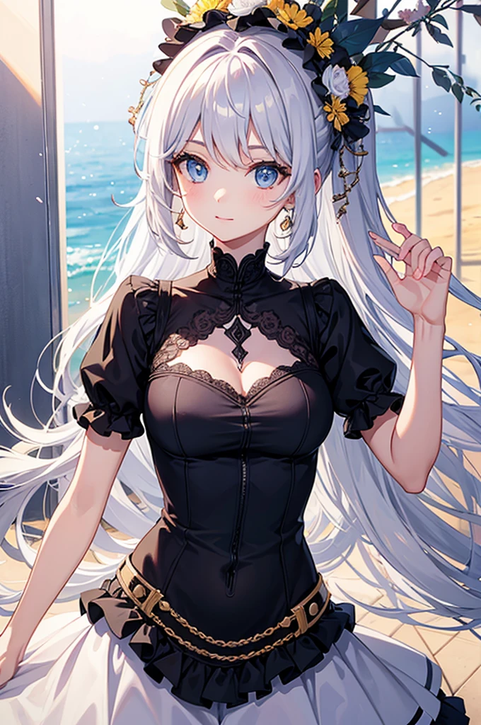 （Silver hair twintails、Ruffled swimsuit、Sand castle building pose）
At dusk、She carefully builds the last tower of her castle。The orange sunset beautifully illuminates her silver hair and sand castle.。