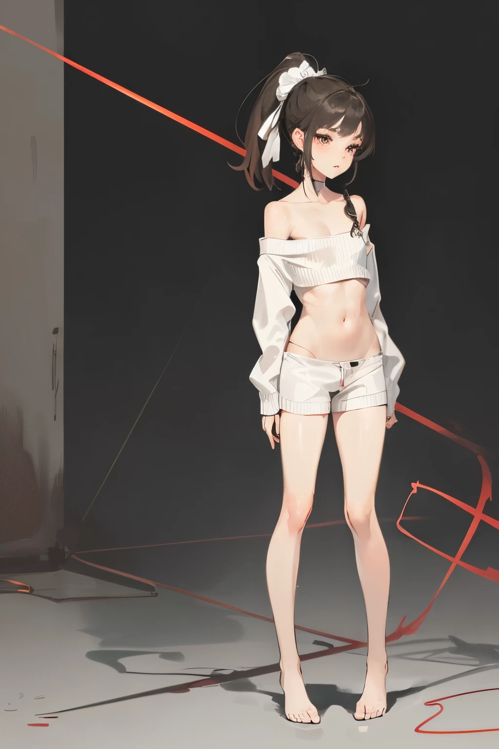 ((best quality)), ((masterpiece)), (detailed), 1girl, off-shoulder sweater, NSFW, small breasts, prominent collarbones, skinny arms, flat stomach, visible hip bones, ponytail, thick ponytail, heavy ponytail, red and white clothing, full body, whole body, body, NSFW, full body, whole body, head-to-toe NSFW