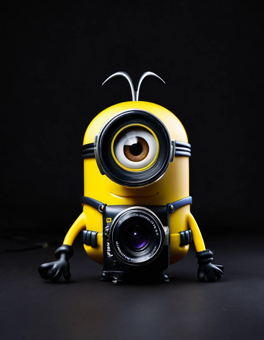 a minion hilding a photo camera, solid black background