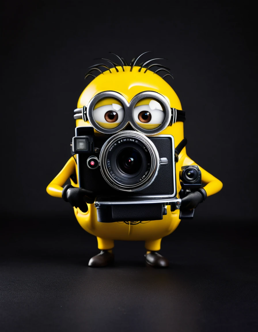 a minion hilding a photo camera, solid black background