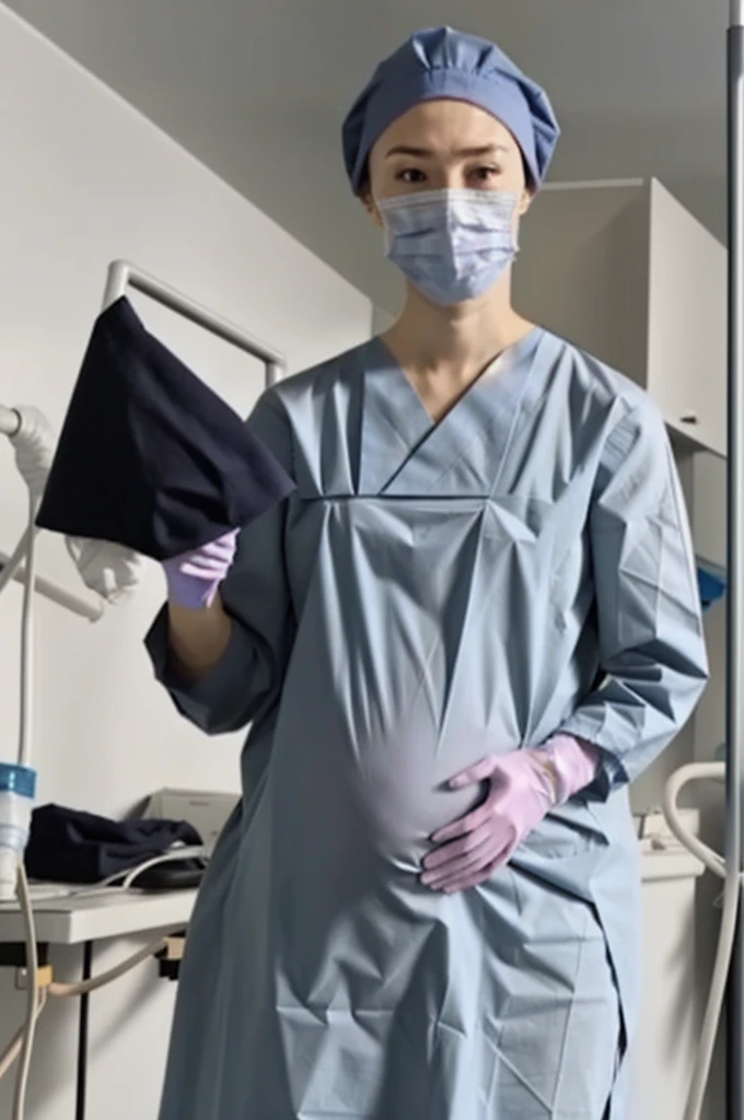 Score_9, Score_8_up, Score_7_up, highest quality, masterpiece, pale skin, big breasts, surgical mask, surgical cap, long sleeve surgical gown, the dress is not crumpled, 9 months pregnant, hide your hair completely,
1 girl, pregnant, solo, rubber gloves, looking down, operating bed, in the operating room, standing,