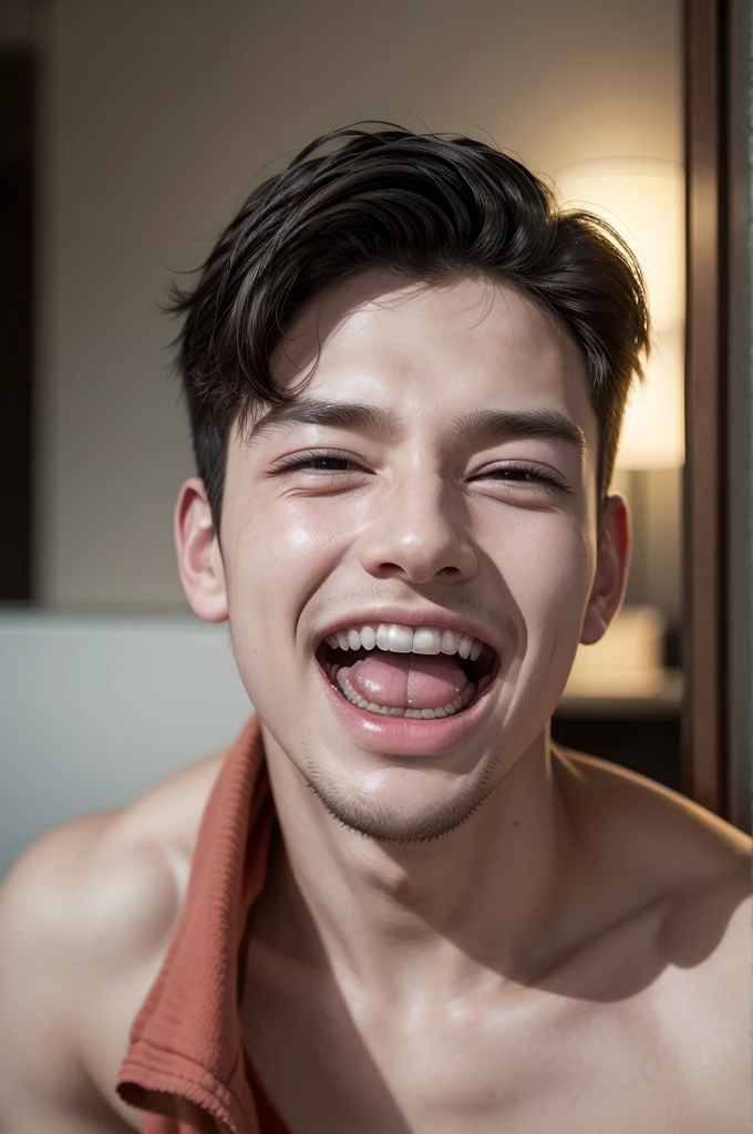 
Create an image of a young man, modern but mocking, hyper realistic. very mocking and laughing a lot