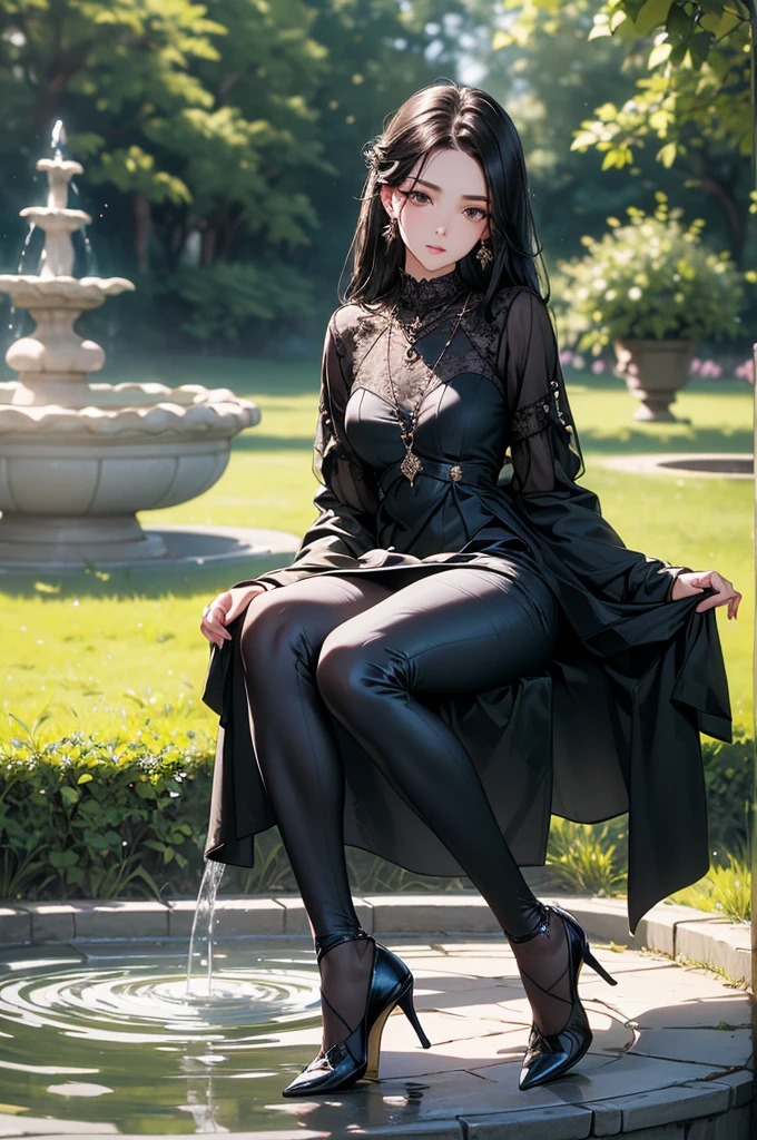 ((Biologically correct limb count))、((Full Body Shot, Full-body photo including face、Head to toe photos))、4K、masterpiece、((Focus on the face))、((Symmetrical facial features))、Eyes of meticulous depiction、One beautiful woman、Excellent style、((Shiny black stockings、Princess line dress、High heels、Lace pants))、Detailed Description、Small earrings、necklace、((Sitting on the edge of a fountain in a park early in the morning, looking up))、Low-angle full-body close-up photo、(Panty shot)、Focus on the face、green paper