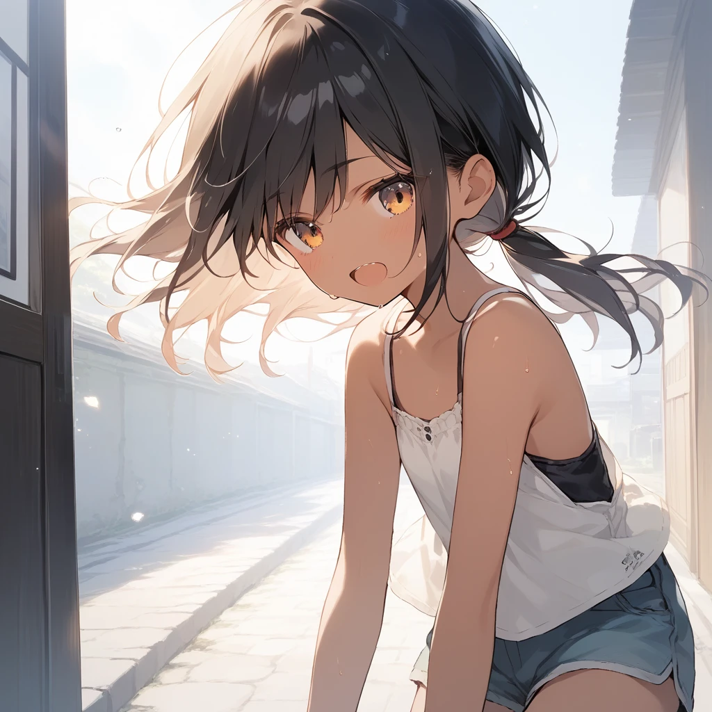 score_9, score_8_up, score_7_up, source_anime, best quality, masterpiece, official art, absurdres, highres, ultra-detailed,waifu2x,Collection: Slice of Life,break,1girl, tomboy, dark-skinned female, short hair, low ponytail, flat chest, beautiful detailed eyes, short shorts, sweat, open mouth, (yawn:0.3), sleepily, outdoors, wind, break,(clear line illustration:1.2),very high resolution, very aesthetic, super detailed skin, Best sexual lighting powered by famous artist, 8k,cute picture,beauty illustration,photoshop_(medium),,(Detailed Lighting),best anime 8k konachan wallpaper, pixiv contest winner,