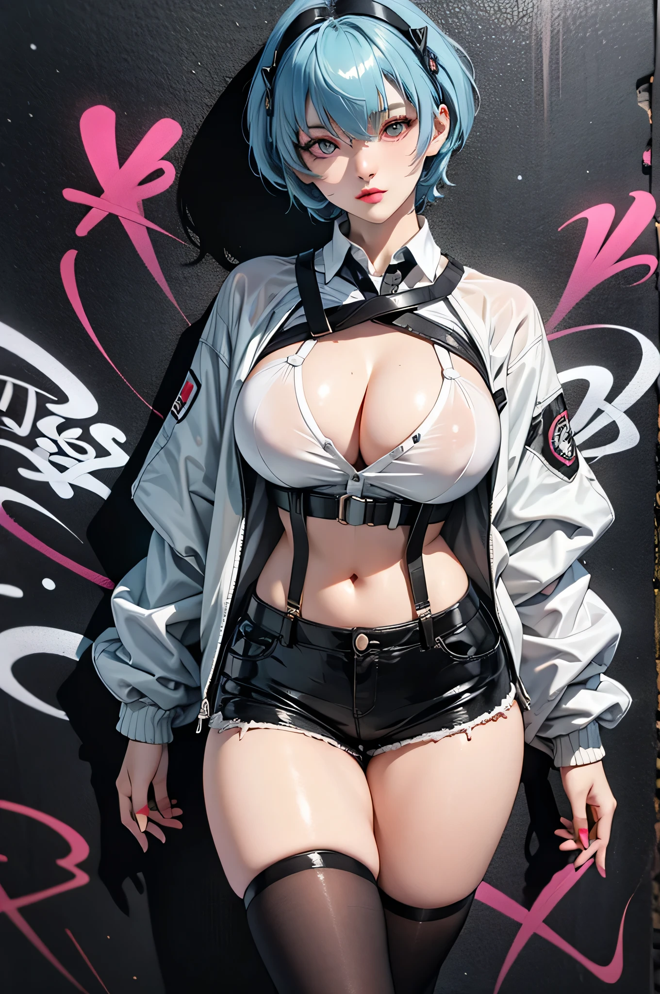 alone, Pale skin, Oily skin, Makes skin glow, pretty girl, wide thighs, Tight waist, Big Breasts, Shorts, Unbuttoned jacket, (Underbust), Astral Graffiti, Graffiti wall, sneakers , Random Position、Detailed eyes、Rei Ayanami