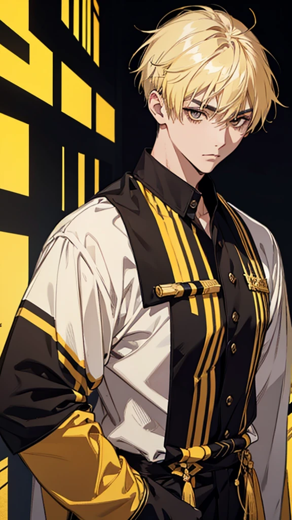 Man, Japanese, university student, short hair, blonde hair, dark eyes, black eyebrows, thin eyebrows, gold ear cuffs, yellow and black striped shirt, black wristband, looking towards the camera, hands down, upper body