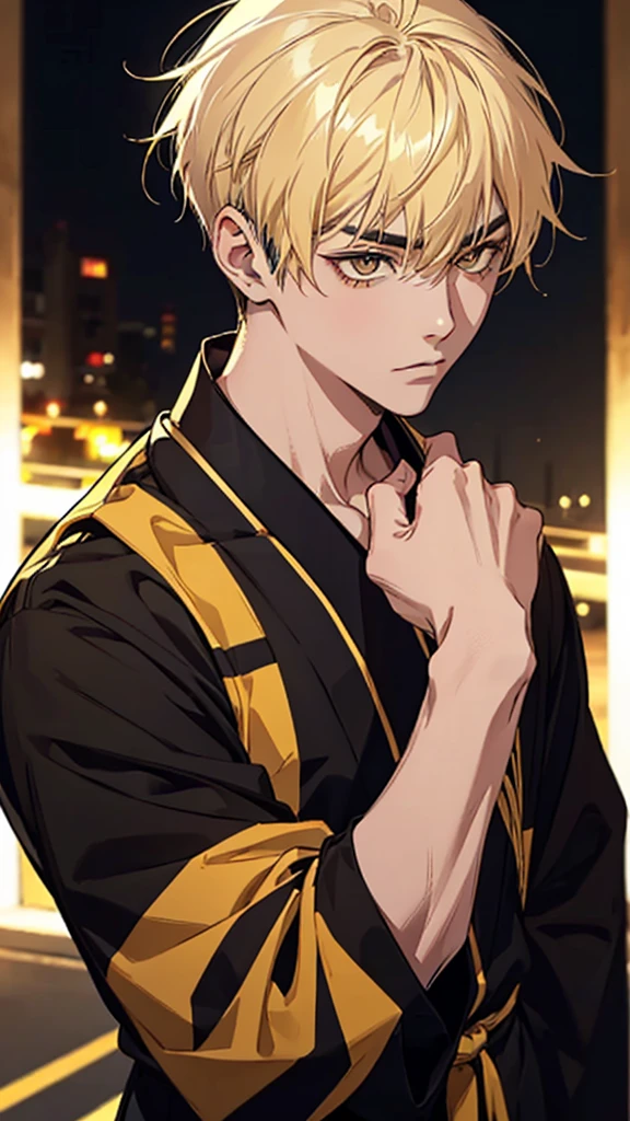 Man, Japanese, university student, short hair, blonde hair, dark eyes, black eyebrows, thin eyebrows, gold ear cuffs, yellow and black striped shirt, black wristband, looking towards the camera, hands down, upper body
