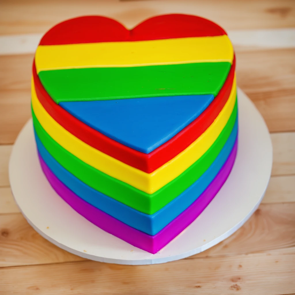 on a wooden table, worth a heart shaped cake, rainbow cream cake, Cream cake , cream texture, Realistic style, realistic texture, bright lighting, high quality, detailed texture, Beautiful light from the window, beautiful lighting, high detail, macro photography, ultra 4k hd 