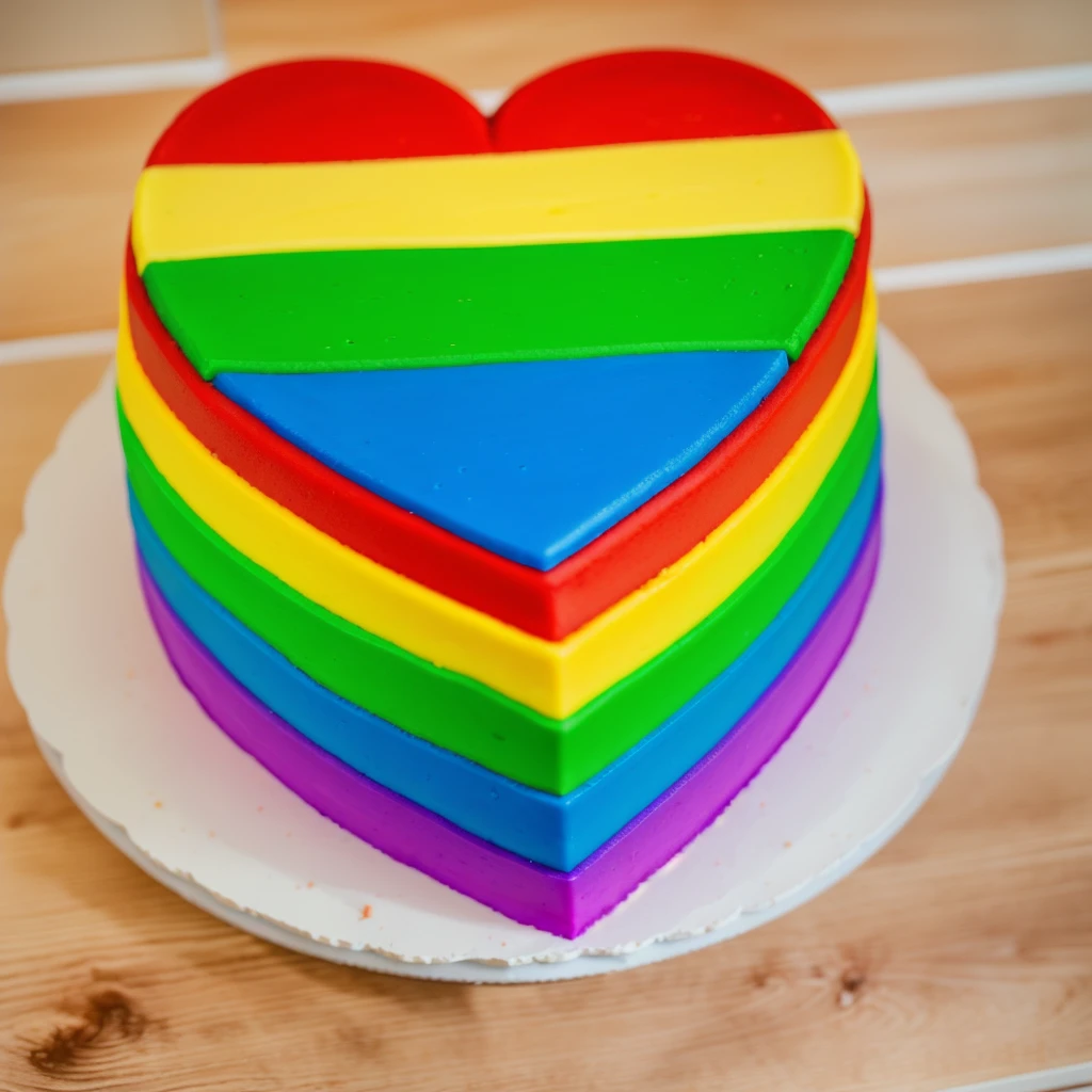 on a wooden table, worth a heart shaped cake, rainbow cream cake, Cream cake , cream texture, Realistic style, realistic texture, bright lighting, high quality, detailed texture, Beautiful light from the window, beautiful lighting, high detail, macro photography, ultra 4k hd
