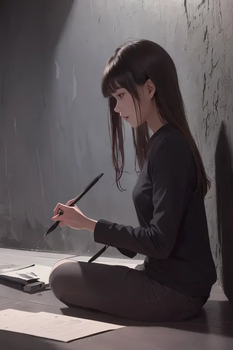 (masterpiece, best quality, 1girl, sitting, drawing, dark space, holding paintbrush, focused, dramatic lighting, highly detailed...