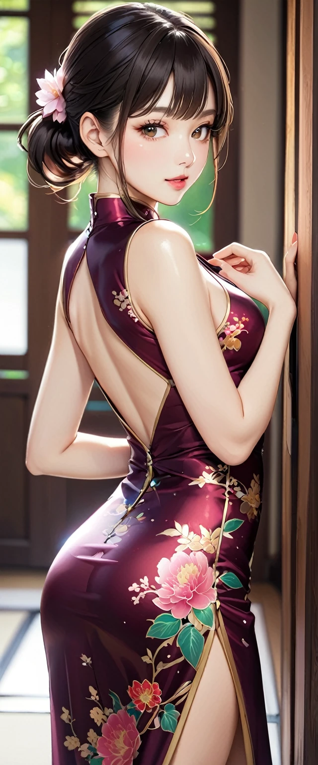 (masterpiece,Highest quality,Ultra-high resolution),Japanese women, (((Very beautiful 25 year old girl))), pretty girl、Look at the photographer、 ((Beautiful low ponytail)), Very cute face, Glossy Lips, Double eyelids on both eyes,Natural smile、 Natural Makeup, Long eyelashes, Shiny and smooth hair、Center image, Perfect limbs, Perfect Anatomy,(((Shiny Chinese Dress)))、(((Looking Back)),