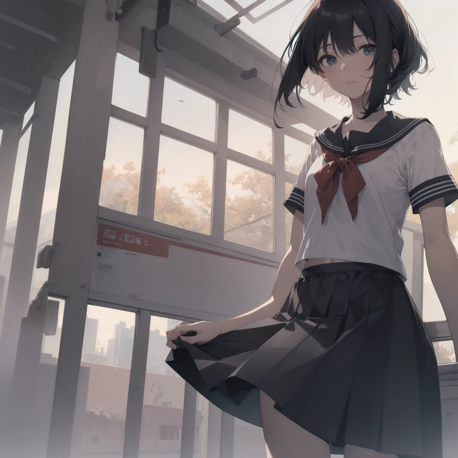 ultra-absurdres-Top quality by artist God, ultra-detailed, high resolution, anime moe artstyle, best anime 8k konachan wallpaper, pixiv contest winner, pool:2810, perfect anatomy,break, 1girl, (Please draw a girl walking sleepily to school alone. )break,(Solo,little female, 13-year-old:1.3),Full limbs, complete fingers,a junior high school student, (very short hair), short cut, flat chest, , small butt, small black eyes, beautiful detailed eyes, well-proportioned iris and pupils, expressive eyes, highres detailed hair, soft expression, salor school_uniform, sailor collar, serahuku, bow, pleated skirt,(Detailed Lighting), (Detailed background), in the School commute route. break,super detailed skin, Best cinematic lighting powered by famous artist, 8k,beauty illustration,photoshop_(medium),very aesthetic,break,((artist:toosaka_asagi )), artist:clamp ,artist:carnelian ,artist:kantoku ,
