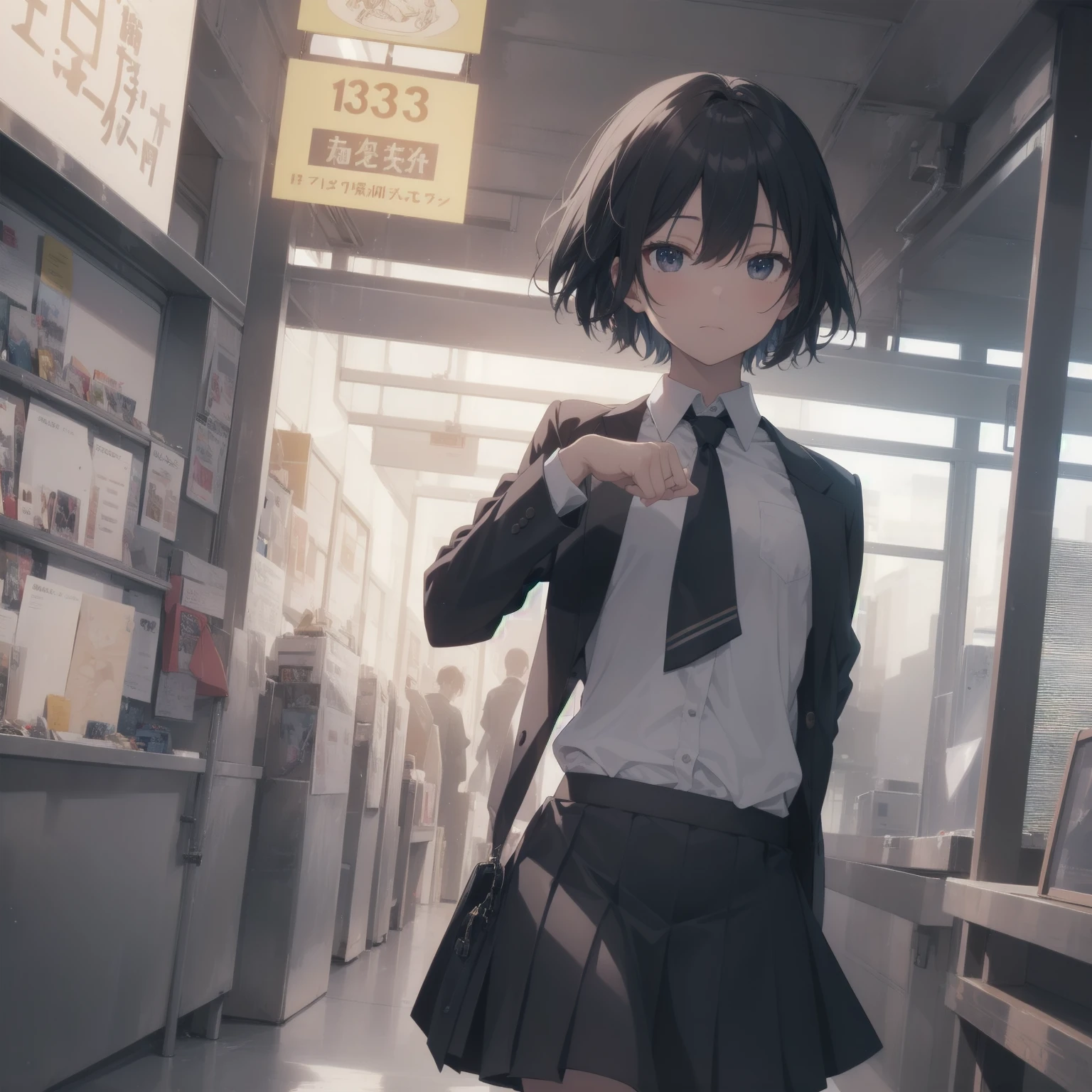 ultra-absurdres-Top quality by artist God, ultra-detailed, high resolution, anime moe artstyle, best anime 8k konachan wallpaper, pixiv contest winner, pool:2810, perfect anatomy,break, 1girl, (Please draw a girl walking sleepily to school alone. )break,(Solo,little female, 13-year-old:1.3),Full limbs, complete fingers,a junior high school student, (very short hair), short cut, flat chest, , small butt, small black eyes, beautiful detailed eyes, well-proportioned iris and pupils, expressive eyes, highres detailed hair, soft expression, salor school_uniform, sailor collar, serahuku, bow, pleated skirt,(Detailed Lighting), (Detailed background), in the School commute route. break,super detailed skin, Best cinematic lighting powered by famous artist, 8k,beauty illustration,photoshop_(medium),very aesthetic,break,((artist:toosaka_asagi )), artist:clamp ,artist:carnelian ,artist:kantoku ,
