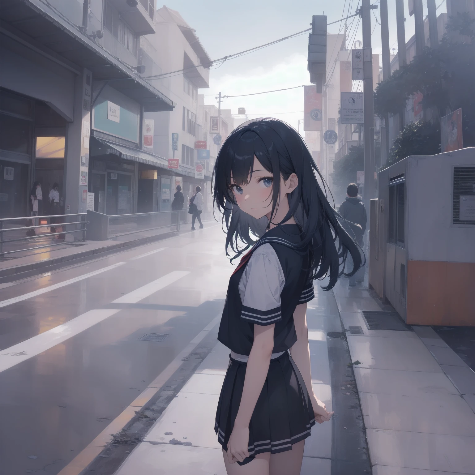 ultra-absurdres-Top quality by artist God, ultra-detailed, high resolution, anime moe artstyle, best anime 8k konachan wallpaper, pixiv contest winner, pool:2810, perfect anatomy,break, 1girl, (Please draw a girl walking sleepily to school alone. )break,(Solo,little female, 13-year-old:1.3),Full limbs, complete fingers,a junior high school student, (very short hair), short cut, flat chest, , small butt, small black eyes, beautiful detailed eyes, well-proportioned iris and pupils, expressive eyes, highres detailed hair, soft expression, salor school_uniform, sailor collar, serahuku, bow, pleated skirt,(Detailed Lighting), (Detailed background), in the School commute route. break,super detailed skin, Best cinematic lighting powered by famous artist, 8k,beauty illustration,photoshop_(medium),very aesthetic,break,((artist:toosaka_asagi )), artist:clamp ,artist:carnelian ,artist:kantoku ,