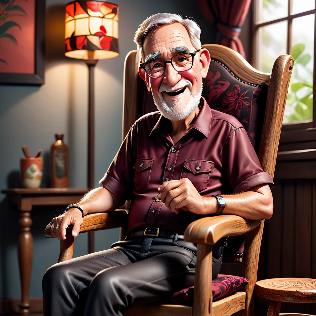 Crete Realistic 3D Caricature Disney pixar style full body with big head. 70 year old man, sitting relaxed in a classic wooden chair with dark red wing backs, the wood texture is clear. Wearing a traditional batik shirt, worn black cloth trousers. Wearing sandals. Sit with your legs crossed, your right hand holding a short wooden stick, your left hand placed on the edge of the chair. The background should contrast with the color of the chairs and clothes, thereby enhancing the overall composition of the picture. Use soft photographic lighting, dramatic overhead lighting, very high image quality, clear character details, UHD, 16k. kurus tidak memakai kacamata