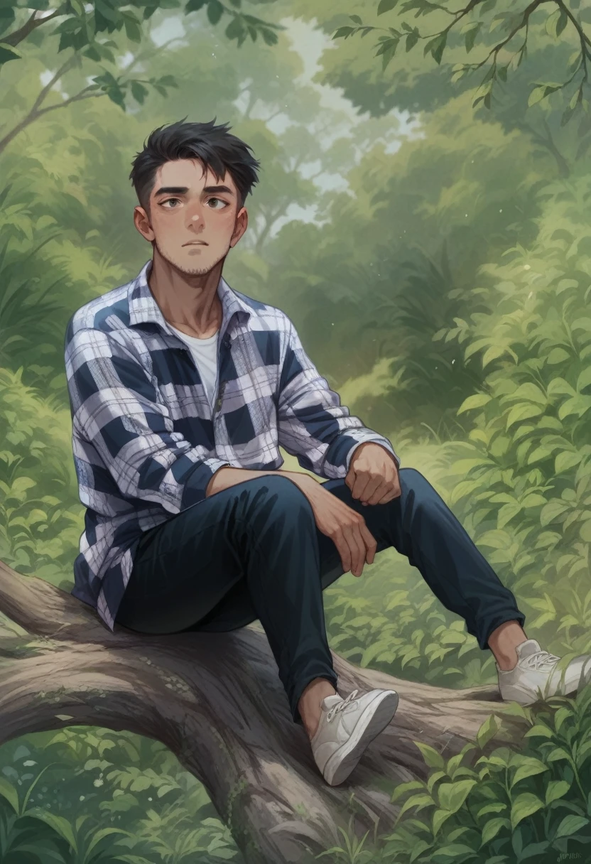 15 year old male, 5’ 10”, fat, tan skin color, medium brown hair color, short hair middle part, a lot of freckles, light green eyes, wearing a dirty white button down t-shirt, sitting upside down in a tree