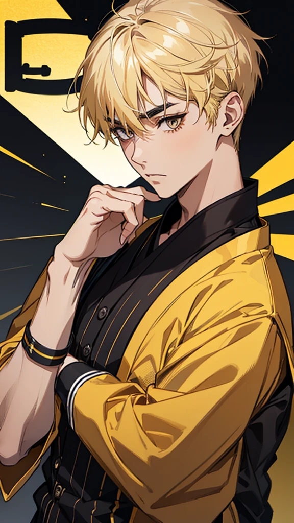 Man, Japanese, university student, short hair, blonde hair, dark eyes, black eyebrows, thin eyebrows, gold ear cuffs, yellow and black striped shirt, black wristband, looking towards the camera, hands down, upper body