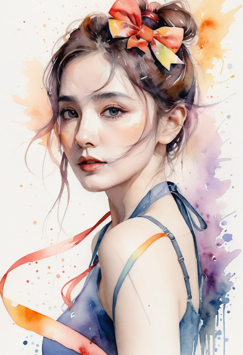 (8K, best quality, masterpiece:1.2),(best quality:1.0), (ultra highres:1.0), watercolor, a beautiful woman, shoulder, hair ribbons, by agnes cecile, half body portrait, extremely luminous bright design, pastel colors, (ink:1.3), autumn lights,front