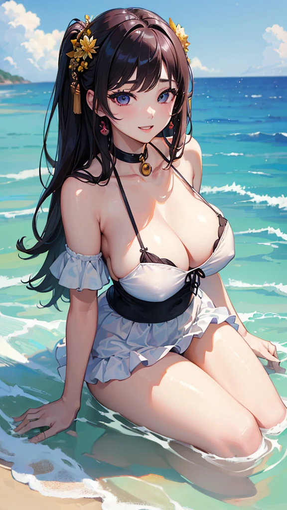 (((masterpiece))),(((High resolution)))、(((perfect face)))、(((Korean beauty)))、30 years old、(((beautiful face)))、(((tube top))), (bikini), big tits, Plump、((top quality eyes)), detailed texture, ((high resolution face)), erotic smile, at the beach