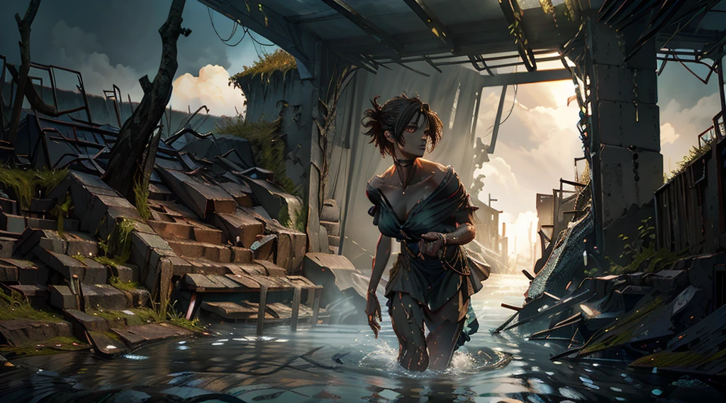 A handsome man, with wings, flying above the sky, visual effect, a man is carrying a woman wearing cloth, in both hands, with the background, a destroyed city, which is filled with murky water, and debris, flowing fast, like tsunami, realistic 3D art. [8K, Best Quality, Masterpiece, Ultra High Resolution, (highly detailed CG unity 8k wallpaper), (best photo), (best shadows), isometric 3D, octane rendering, ray tracing, highly detailed, (wide panoramic view: 1.1), (Best quality, 4K, 8k, A high resolution, masterpiece:1.2), absurdity, masterpiece, ultra detailed, (realistic, photorealistic, photorealistic:1.37), complex parts, HDR, (complex parts:1.12), (hyper detailed, hyper realistic, Soft lighting, spicy:1.2), (complex parts, Hyper detailed:1.15). Blurred foreground. (backlit), realistic, masterpiece, high quality, brightness, chromatic aberration, by Jeremy Lipking, 8k uhd, some smoke, shadows, contrast, clear sky, (warm hue, warm tone), high details, natural reflections].