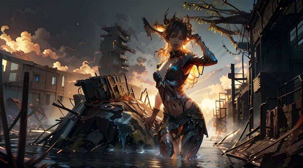 A handsome man, with wings, flying above the sky, visual effect, a man is carrying a woman wearing cloth, in both hands, with the background, a destroyed city, which is filled with murky water, and debris, flowing fast, like tsunami, realistic 3D art. [8K, Best Quality, Masterpiece, Ultra High Resolution, (highly detailed CG unity 8k wallpaper), (best photo), (best shadows), isometric 3D, octane rendering, ray tracing, highly detailed, (wide panoramic view: 1.1), (Best quality, 4K, 8k, A high resolution, masterpiece:1.2), absurdity, masterpiece, ultra detailed, (realistic, photorealistic, photorealistic:1.37), complex parts, HDR, (complex parts:1.12), (hyper detailed, hyper realistic, Soft lighting, spicy:1.2), (complex parts, Hyper detailed:1.15). Blurred foreground. (backlit), realistic, masterpiece, high quality, brightness, chromatic aberration, by Jeremy Lipking, 8k uhd, some smoke, shadows, contrast, clear sky, (warm hue, warm tone), high details, natural reflections].