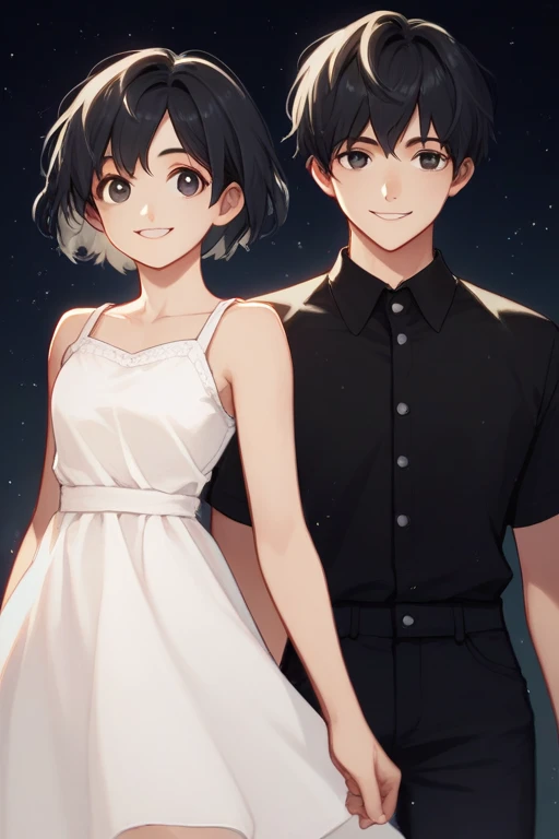 score_9, score_8, One boy, round face,Black Hair, short hair, smile, Black polo shirt, Sundress, Straight,  View your viewers, Particles of light, Little