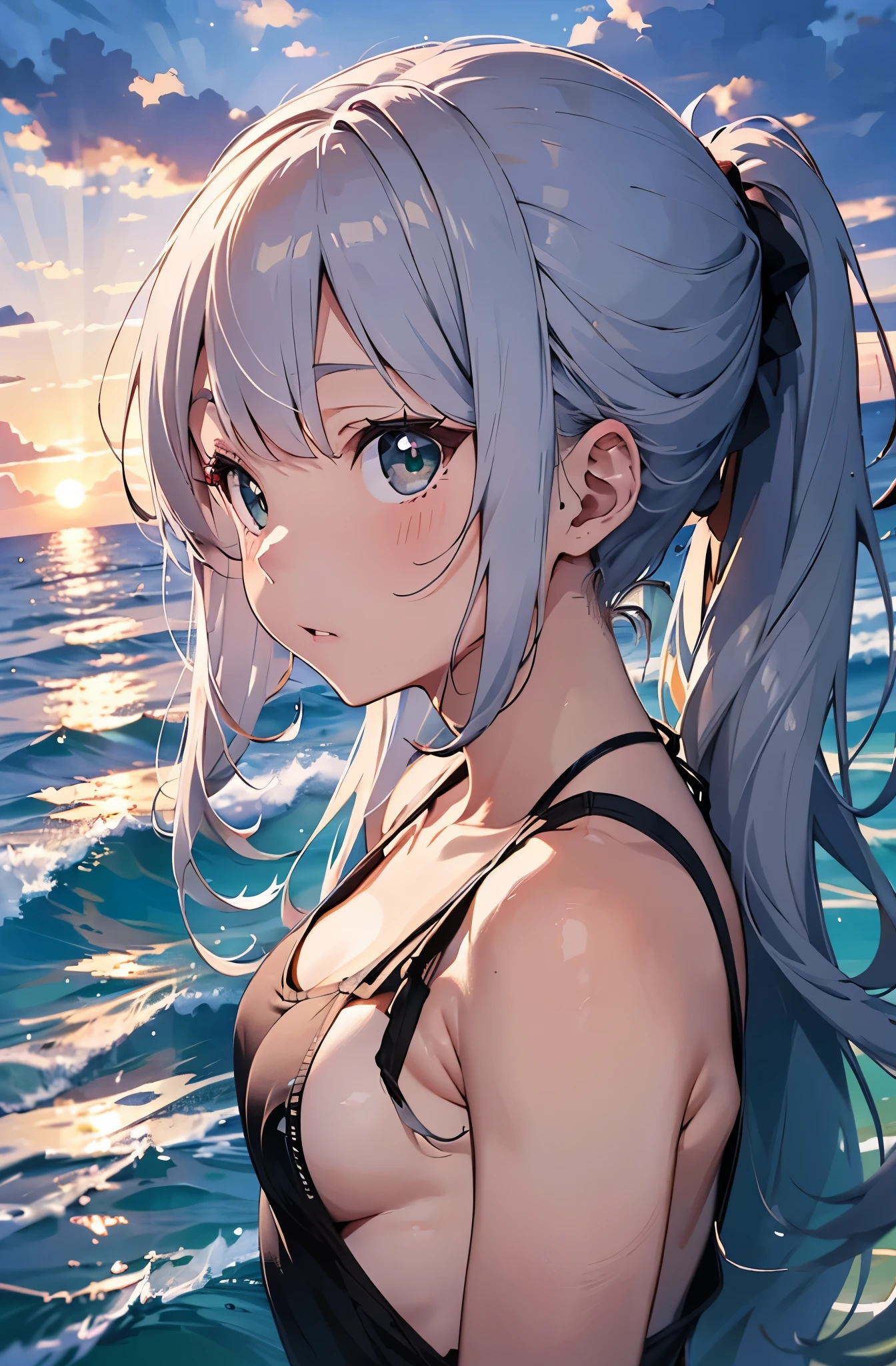 Silver-haired girl drawn in high resolution Japanese anime style、Standing alone on the white sand beach of a deserted island。She is topless、topless、Her hair is in a ponytail that sparkles in the light.....。The sea in the background shines emerald green.....、The beach is littered with shells and pebbles.、time々、Small waves gently wash up on the shore。Tropical wood々Swaying in the Wind、Mr.....々Among the branches々Birds are singing..。wood々Colorful flowers blooming in abundance、The entire island is filled with abundant nature.....。On the horizon of a distant sea、The setting sun casts a beautiful orange glow over the ocean.、It gives the whole place a mystical feel.....。、Wakame seaweed、Wakame seaweed、Wakame seaweed、Wakame seaweed、Wakame seaweed、Wakame seaweed、