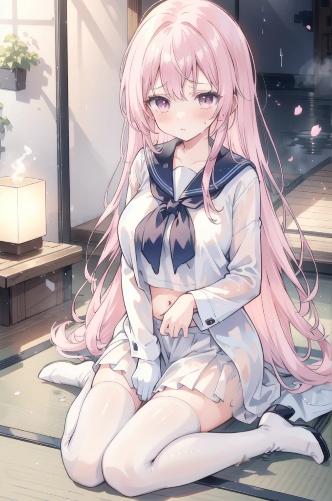 Highly detailed face, Perfect lighting, Highly detailed CG, (Perfect hands, Perfect Anatomy),Super detailed,Two Girls,lily,Look at each other,eye contact, The whole body is covered in glossy oil. A large amount of sweat is dripping from his forehead sunset Orange Room, Full body depiction on screen, A large amount of rolled up tissue paper, There are lots of crumpled dirty tissues lying on the ground, Heavy sweat on face,cold sweat,Sweat dripping from my forehead,Tears dripping from the edges of the mouth, Sitting on a dirty bed, A dirty futon with brown spots Dirty and old tatami mats ,tatami room, A lot of tissue paper , Garbage is very scattered, Very dirty bed, A room full of scattered trash, Glaring Angry Embarrassing Big breasts that look like their clothes will rip off very large chest Extremely distended chest huge chest bulge Dimly lit room Sleeping on a tatami mat Scattered tissue paper Cute long sleeve sailor uniform with lots of frills sewn into the clothes Fine frill belly long skirt high school student Illustrated style Anime Style Frown Narrow Mouth Small lips Frightened face Baby Face beautiful girl Very cute clothes cheeks pink Long blonde hair Super Curly Hair Super long sideburns Clothes made of rubber material Wet and see-through gothic white ta outfit Hair band Wet and transparent very long shocking pink silk skirt Wet and transparent pearl white silk tights A lot of sailor ribbons Wet and transparent super long silk gloves Detailed embroidery Wet and transparent shocking pink Big eyes Hanging eyes Stern look Shocking Pink Rouge Sweating profusely Crushed tissue paper White Long Boots My hair is wet from the rain Steam is coming out of my whole body Steam like a sauna room fills the entire screen. White breath from the mouth