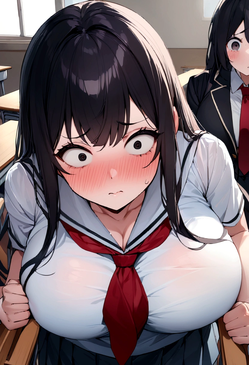 masterpiece、Highest quality、Best image quality、High resolution、Huge breasts、、School-Uniform、Red tie、Summer clothes、Black Hair、Dark Eyes、Long Hair、In the classroom、An empty classroom、I'm surprised、confused、Embarrassed