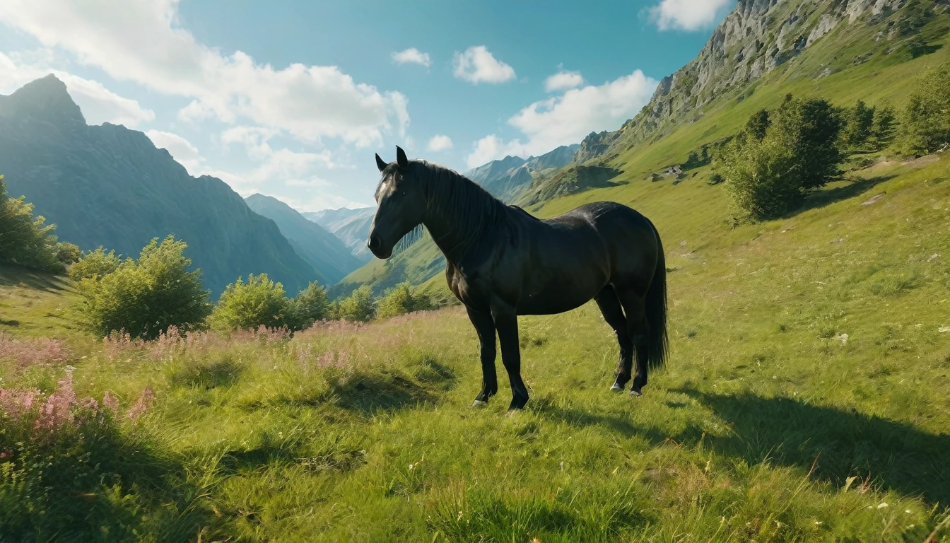 On the endless steppe,((Green steppe)),((There is a sleek, muscular, sturdy, black Percheron horse -Teke horse with glossy, textured fur turned its face to front)), ((Showing its clear fur face)), ((Its strong, graceful hooves sink slightly into the grass)),(Vision)),Realism,photography, ((The natural colors of native mountainous region blend with the horizon)), lot of details,8K,high quality, ((Realistic))