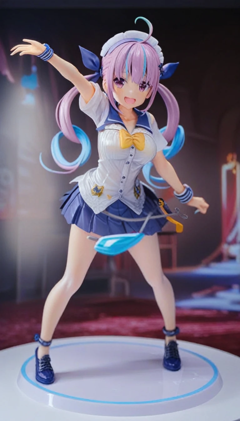 figure, 1girl, Minato aqua \(ho****ve\), pantyhose, smile, multi color hair, Twin-tailed, Color Inner Hair, Two-tone hair, Drill Hair, twin drills, Ahoge, Ankle Cuffs, striated hair、 (highest quality, 8k, masterpiece, Super detailed:1.2), Dynamic pose, Movie angle, Particles of light, Shine, Beautiful fine details, Shiny skin, Shiny Hair, Speckled Daylight, 1girl, alone, skirt, smile, Happy, pleated , Short sleeve, :d, clavicle, bow , masterpiece, best quality