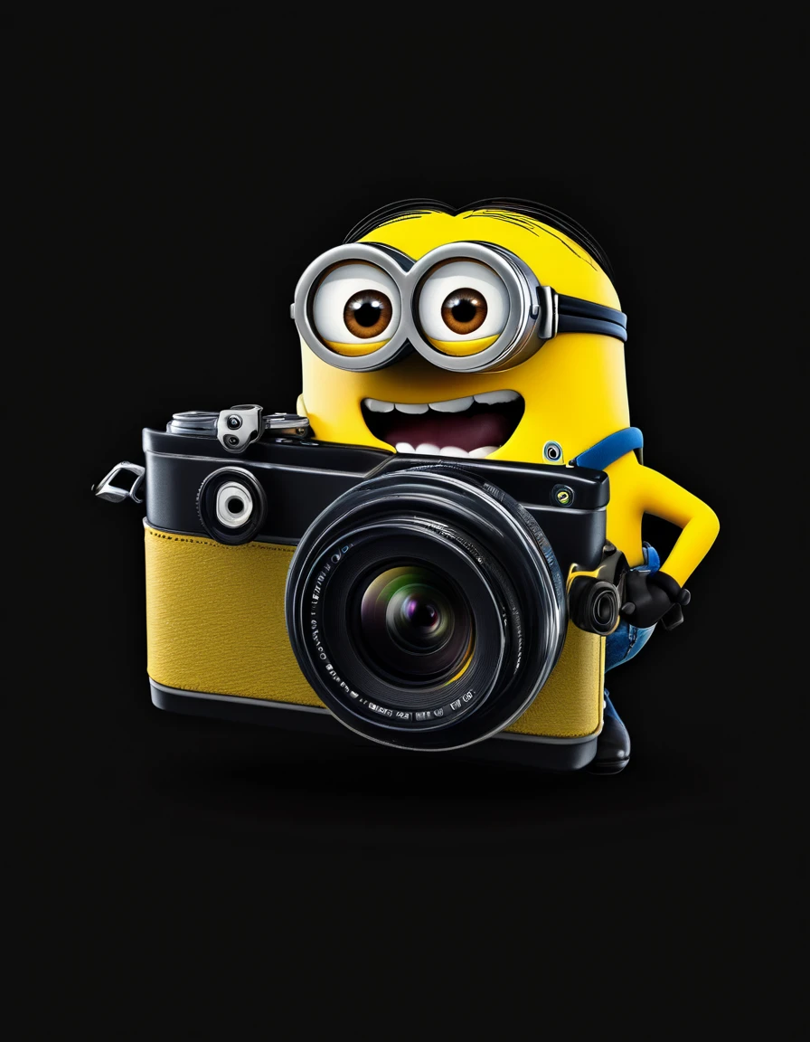 2D image, a minion hilding a photo camera, solid black background