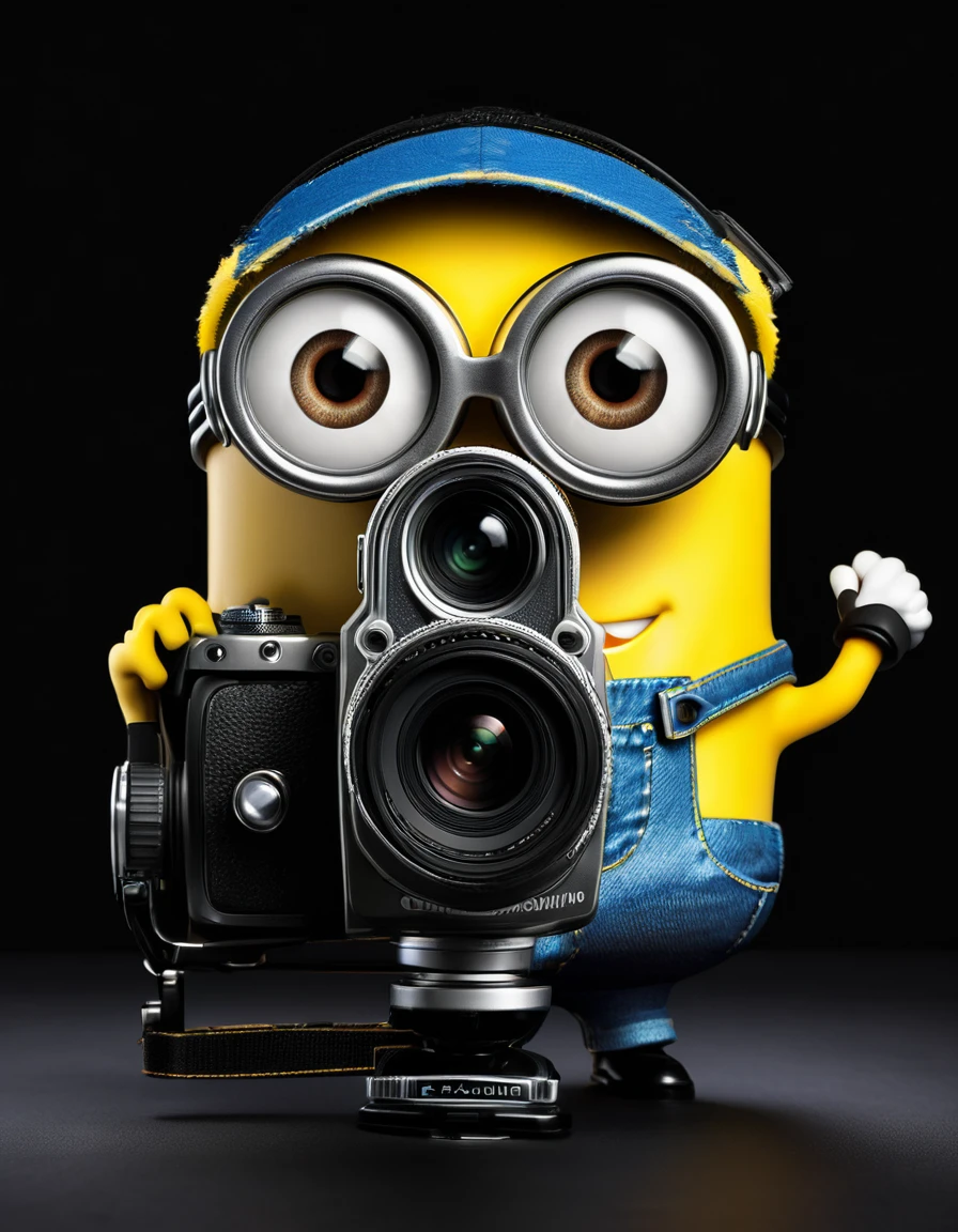 2D image, a minion hilding a photo camera, solid black background