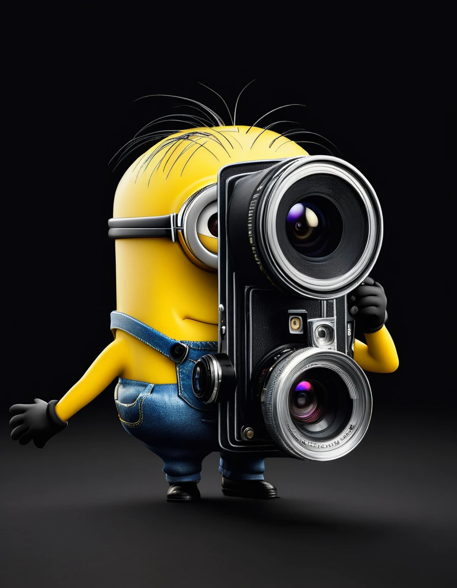 2D image, a minion hilding a photo camera, solid black background