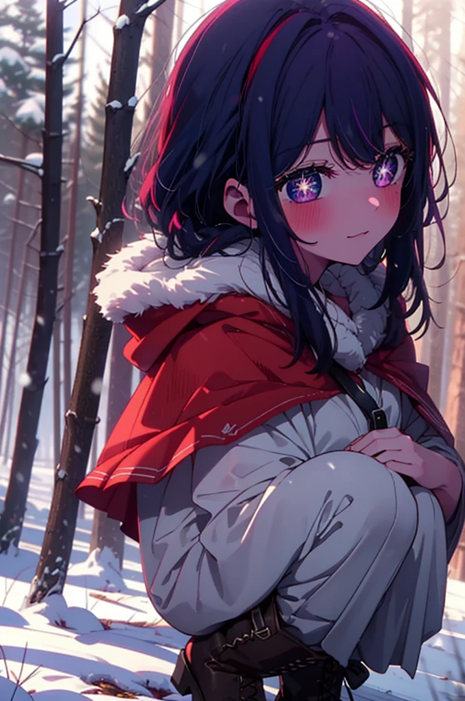 aihoshino, Ai Hoshino, Long Hair, bangs, (Purple eyes:1.1), Purple Hair, (Symbol-shaped pupil:1.5), smile,,smile,blush,White Breath,
Open your mouth,snow,Ground bonfire, Outdoor, boots, snowing, From the side, wood, suitcase, Cape, Blurred, , forest, White handbag, nature,  Squat, Mouth closed, Cape, winter, Written boundary depth, Black shoes, red Cape break looking at viewer, Upper Body, whole body, break Outdoor, forest, nature, break (masterpiece:1.2), Highest quality, High resolution, unity 8k wallpaper, (shape:0.8), (Beautiful and beautiful eyes:1.6), Highly detailed face, Perfect lighting, Extremely detailed CG, (Perfect hands, Perfect Anatomy),