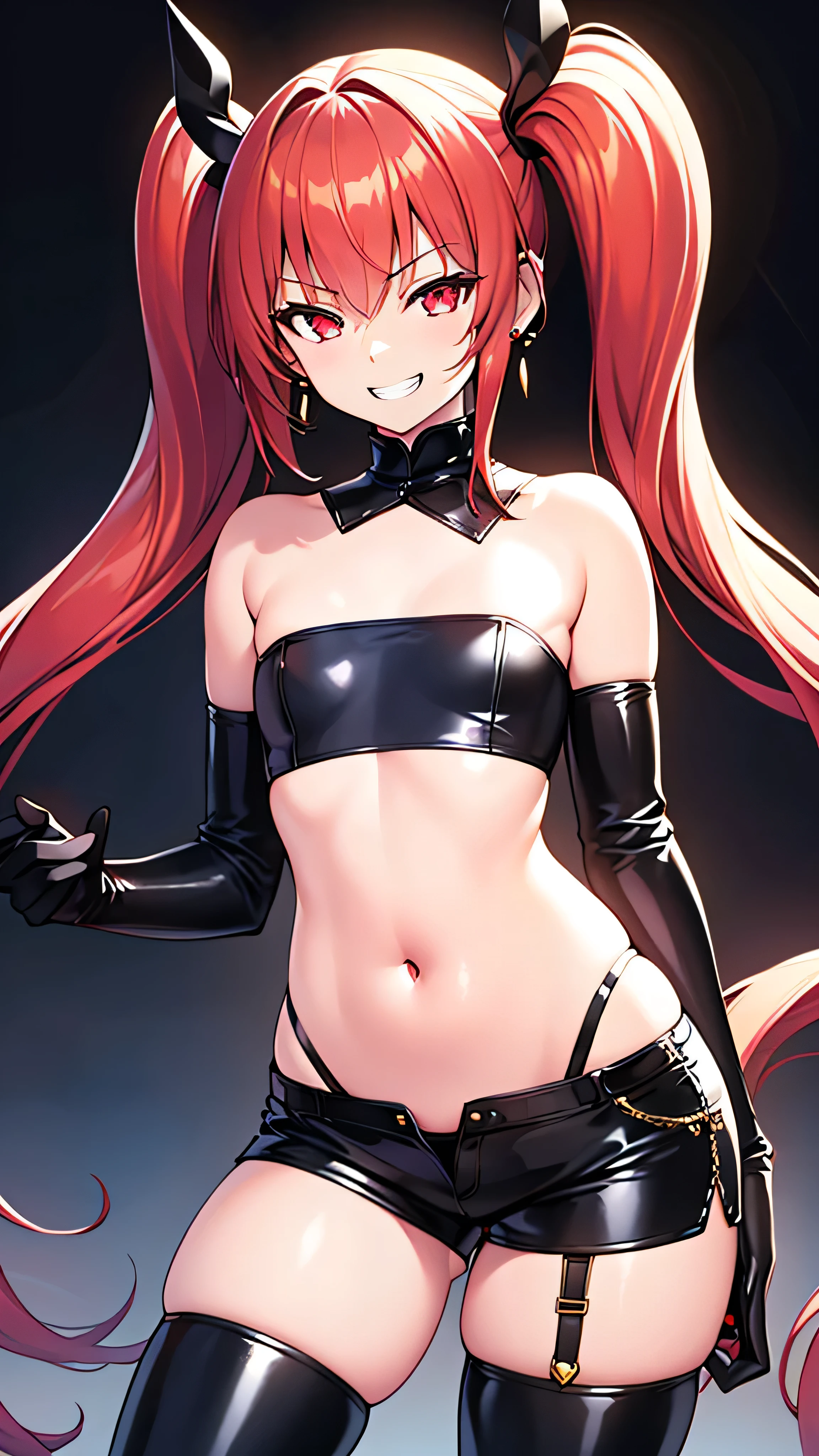 Extremely detailed and realistic CG, colorful, masterpiece, (Perfect Anatomy:1.3), Highest quality, One girl, alone, Imperial Redhead, Shiny Hair, Ridiculously long hair, Sideburns, Asymmetrical bangs, Red eyes, Shining Eyes, (Crazy Smile:1.2), (Wicked Smile:1.2), Sadistic smile, Grin, thin脚, Contrasting, Are standing, Tube top, Strapless, Shorts, Open your mouth, , abdomen, belly button, , Stylish pose, Spotlight, Thigh straps, Fancy earrings, (tooth:1.2), Black elbow gloves, Movie angle, , Open Stance, latex, tight, thin,flat chest,twintail,thighhigh boots,dark purple background,deep shaded face,look down at viewer,Malice,contempt,laugh at,