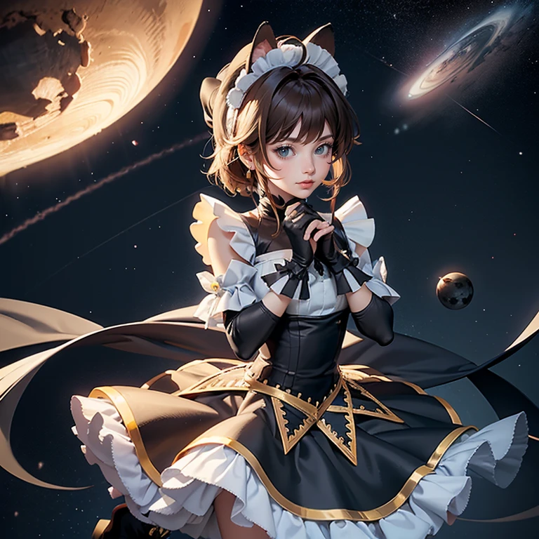 1girl, black maid dress, jewelry, brown hair, flowing hair, short hair, black maid dress with a short skirt and layers, black laces, black boots, black dress with transparency, gold details on her clothes, cat ears, animal ears, more details, perfectly body, perfectly hands, two hands, two legs, two arms, five fingers, glowing hair, best quality, hat, cat ears, tail ornament, tail bow, black gloves, two cat tail, black gloves, alone, maid headdress, choker, detached sleeves, maid dress, maid black dress, strapless, masterpeice, best quality, detailed face, night, asymmetrical gloves, bangs, black short skirt , black gloves, black boots, earrings, elbow gloves, fishnet thighhighs, fishmasterpeice, solo, best quality, detailed face, gloves, hair between eyes, jewelry, looking at viewer, single earring, sky, sleeveless, solo, thigh boots, thighhighs, tongue, tongue out, uneven gloves, solo, alone, Looking at the viewer, More details on the clothes, magenta roses on her hair, space scenery, maid, maid dress, magenta details, magenta roses, maid headdress, maid apron, wave hair, seat on the Saturn rings, more details on her clothes, gold details on her clothes, space, smiling, standing her hand to a viewer, looking at the viewer, in the background a several asteroids glowing with fiery auras, Dramatic lighting from distant stars and planets illuminates the scene, looking at the vast and mysterious universe, cowboy shot, upper body portrait, more details, sparkle,
