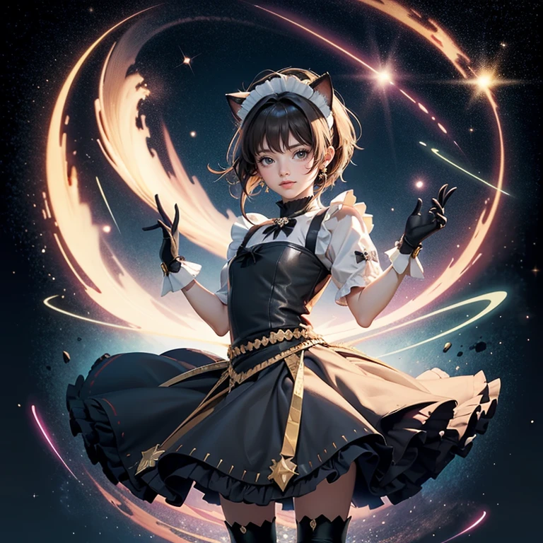 1girl, black maid dress, jewelry, brown hair, flowing hair, short hair, black maid dress with a short skirt and layers, black laces, black boots, black dress with transparency, gold details on her clothes, cat ears, animal ears, more details, perfectly body, perfectly hands, two hands, two legs, two arms, five fingers, glowing hair, best quality, hat, cat ears, tail ornament, tail bow, black gloves, two cat tail, black gloves, alone, maid headdress, choker, detached sleeves, maid dress, maid black dress, strapless, masterpeice, best quality, detailed face, night, asymmetrical gloves, bangs, black short skirt , black gloves, black boots, earrings, elbow gloves, fishnet thighhighs, fishmasterpeice, solo, best quality, detailed face, gloves, hair between eyes, jewelry, looking at viewer, single earring, sky, sleeveless, solo, thigh boots, thighhighs, tongue, tongue out, uneven gloves, solo, alone, Looking at the viewer, More details on the clothes, magenta roses on her hair, space scenery, maid, maid dress, magenta details, magenta roses, maid headdress, maid apron, wave hair, seat on the Saturn rings, more details on her clothes, gold details on her clothes, space, smiling, standing her hand to a viewer, looking at the viewer, in the background a several asteroids glowing with fiery auras, Dramatic lighting from distant stars and planets illuminates the scene, looking at the vast and mysterious universe, cowboy shot, upper body portrait, more details, sparkle,