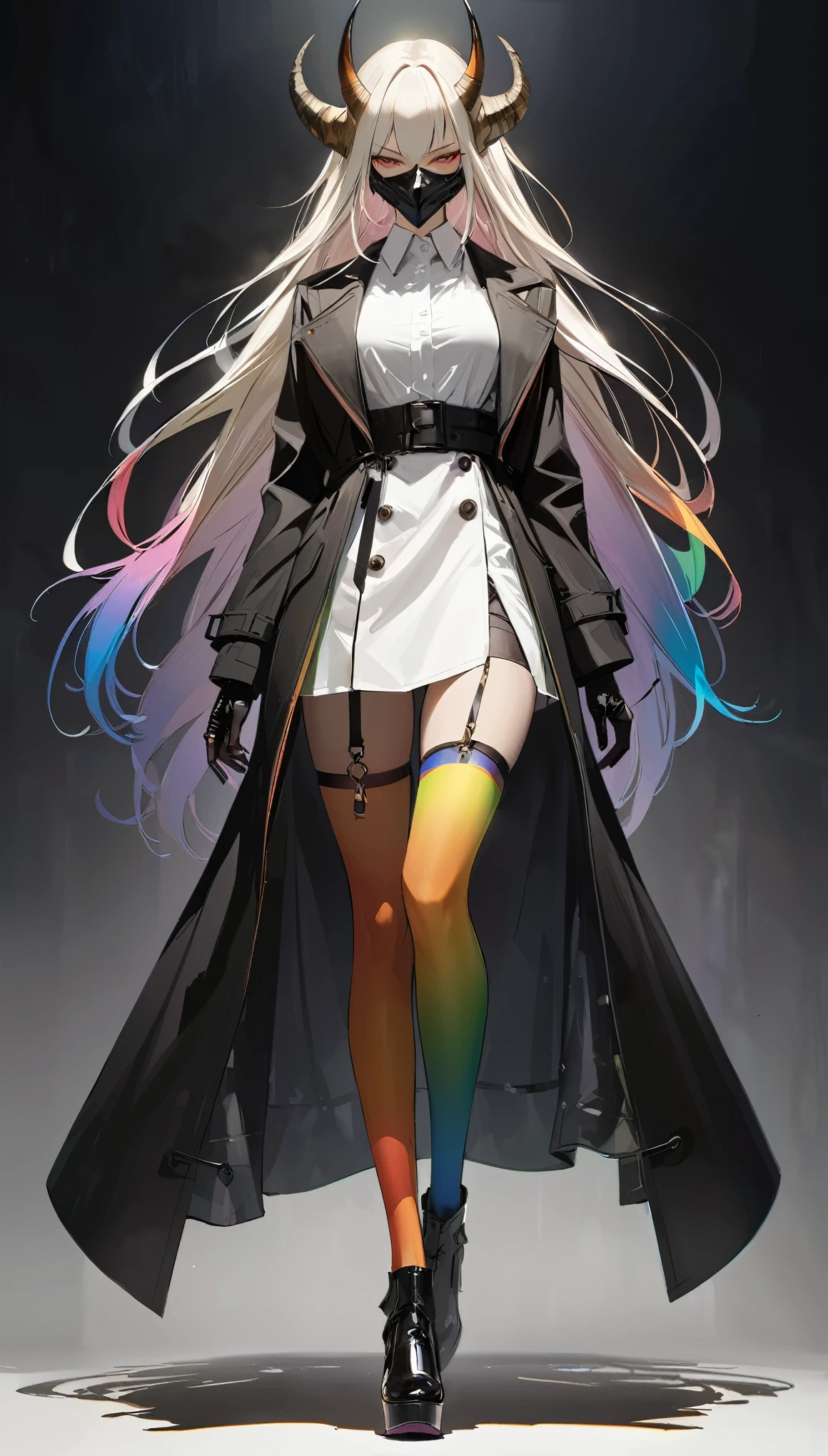 in style of Ashley Wood,in style of Santiago Caruso,
((masterpiece, best quality)),(illustration),(detailedLight),((Extremely exquisite and beautiful)),1 Girl,Black long trench coat,White shirt,Long hair,Silver long hair,Dark shadows,oni_mask, colorful，rainbow color,fine_fabric_emphasis,see-through_thighhighs,asymmetrical_clothes,cross-laced_clothes,