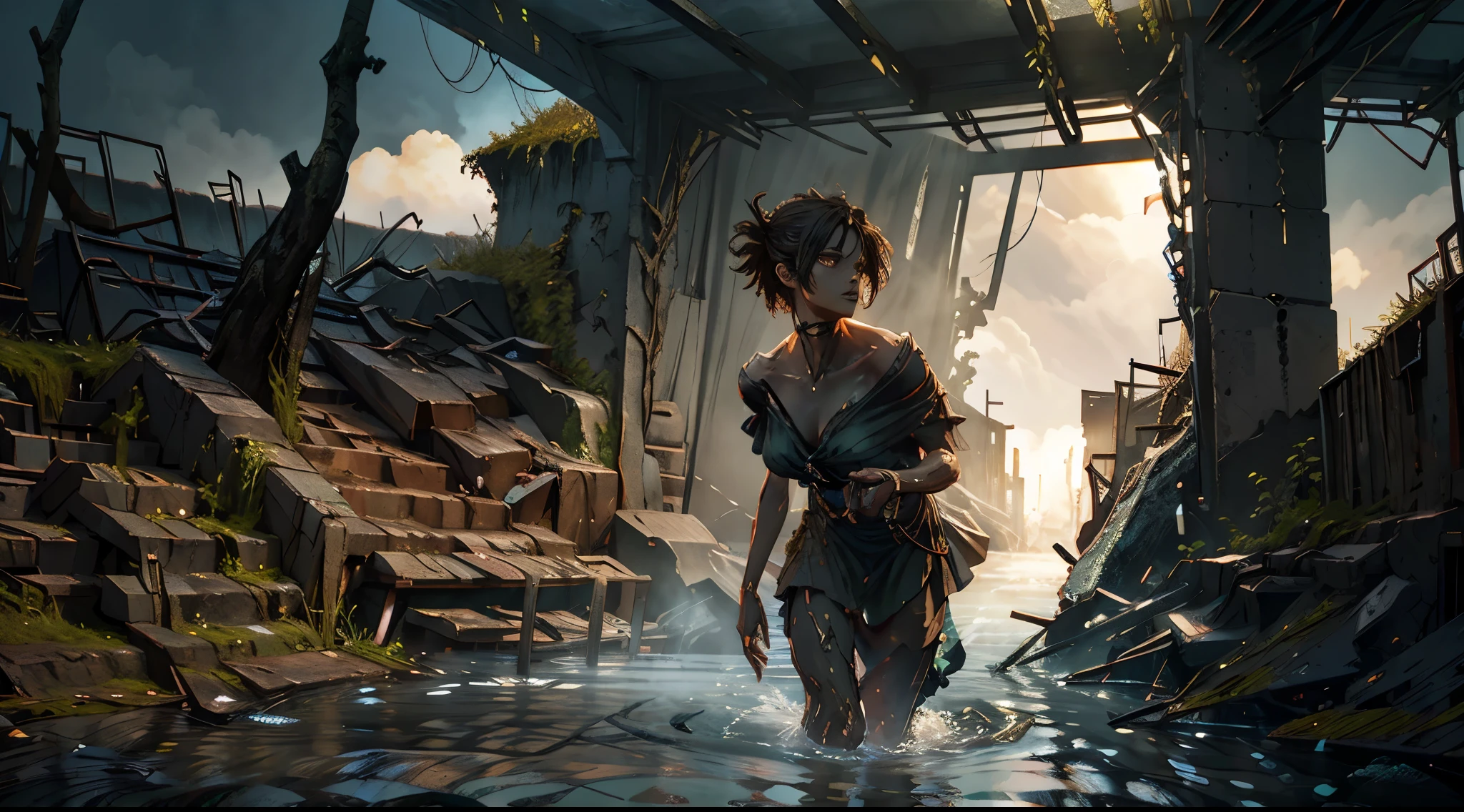 A handsome man, with wings, flying above the sky, visual effect, a man is carrying a woman wearing cloth, in both hands, with the background, a destroyed city, which is filled with murky water, and debris, flowing fast, like tsunami, realistic 3D art. [8K, Best Quality, Masterpiece, Ultra High Resolution, (highly detailed CG unity 8k wallpaper), (best photo), (best shadows), isometric 3D, octane rendering, ray tracing, highly detailed, (wide panoramic view: 1.1), (Best quality, 4K, 8k, A high resolution, masterpiece:1.2), absurdity, masterpiece, ultra detailed, (realistic, photorealistic, photorealistic:1.37), complex parts, HDR, (complex parts:1.12), (hyper detailed, hyper realistic, Soft lighting, spicy:1.2), (complex parts, Hyper detailed:1.15). Blurred foreground. (backlit), realistic, masterpiece, high quality, brightness, chromatic aberration, by Jeremy Lipking, 8k uhd, some smoke, shadows, contrast, clear sky, (warm hue, warm tone), high details, natural reflections].