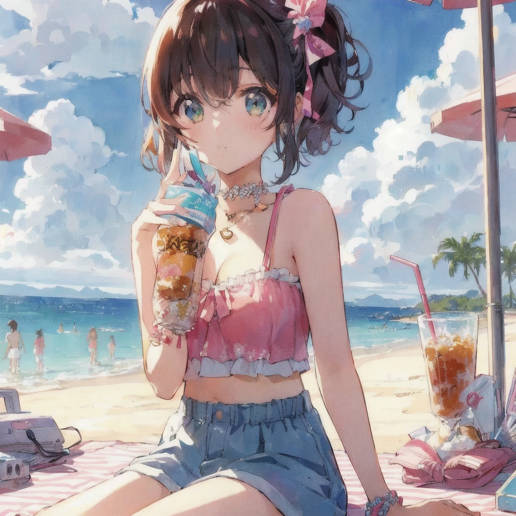 At the Beachソフトクリームを食べるビキニ姿のアニメの女の子, Lo-fi Girl, Retro Anime Girls, 80s anime art style, Beautiful anime art style, At the Beach, Lofi Art, 80s anime art style, Anime illustration, 80s anime art style, High quality anime art style, Anime Style 4k, Anime Wallpaper
