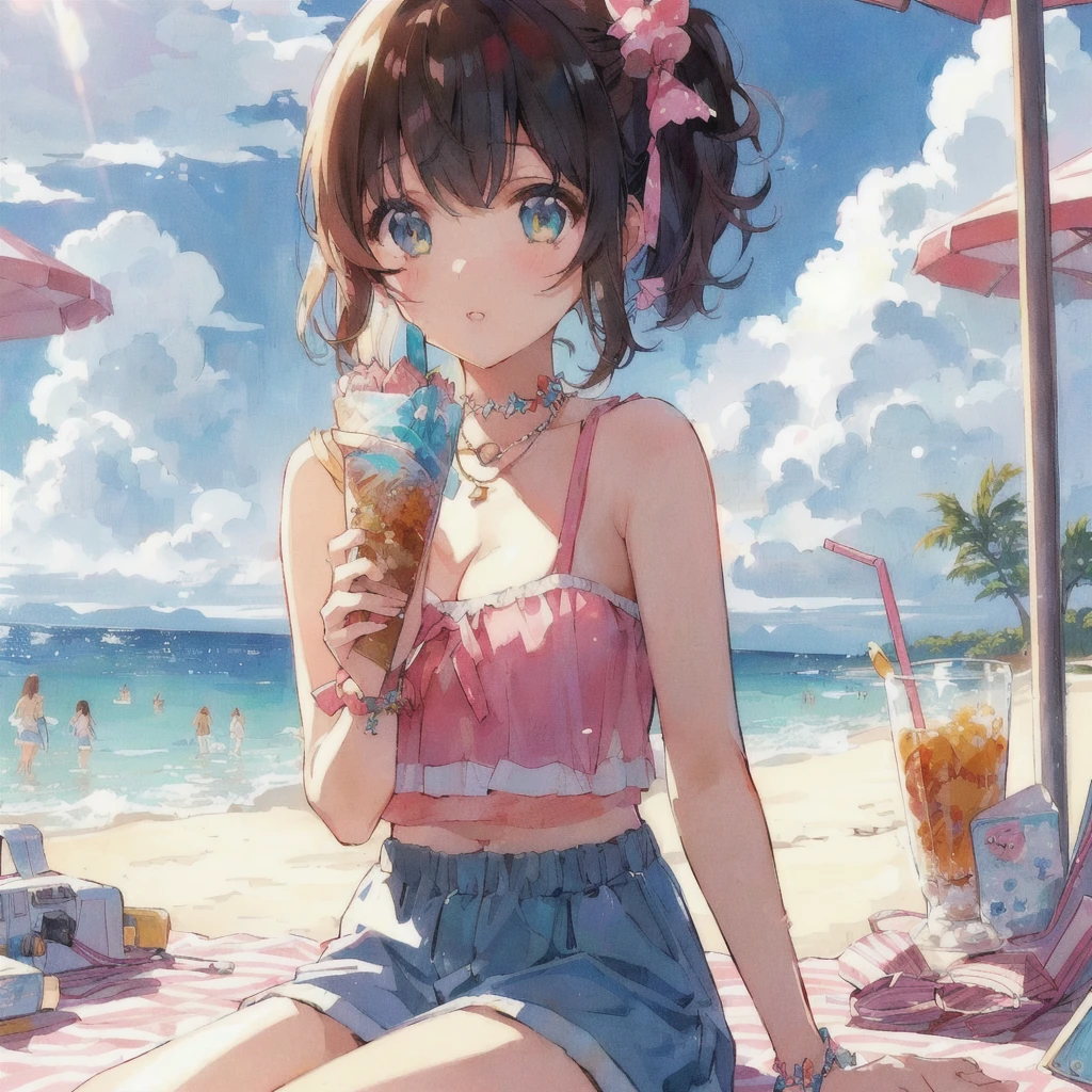 At the Beachソフトクリームを食べるビキニ姿のアニメの女の子, Lo-fi Girl, Retro Anime Girls, 80s anime art style, Beautiful anime art style, At the Beach, Lofi Art, 80s anime art style, Anime illustration, 80s anime art style, High quality anime art style, Anime Style 4k, Anime Wallpaper