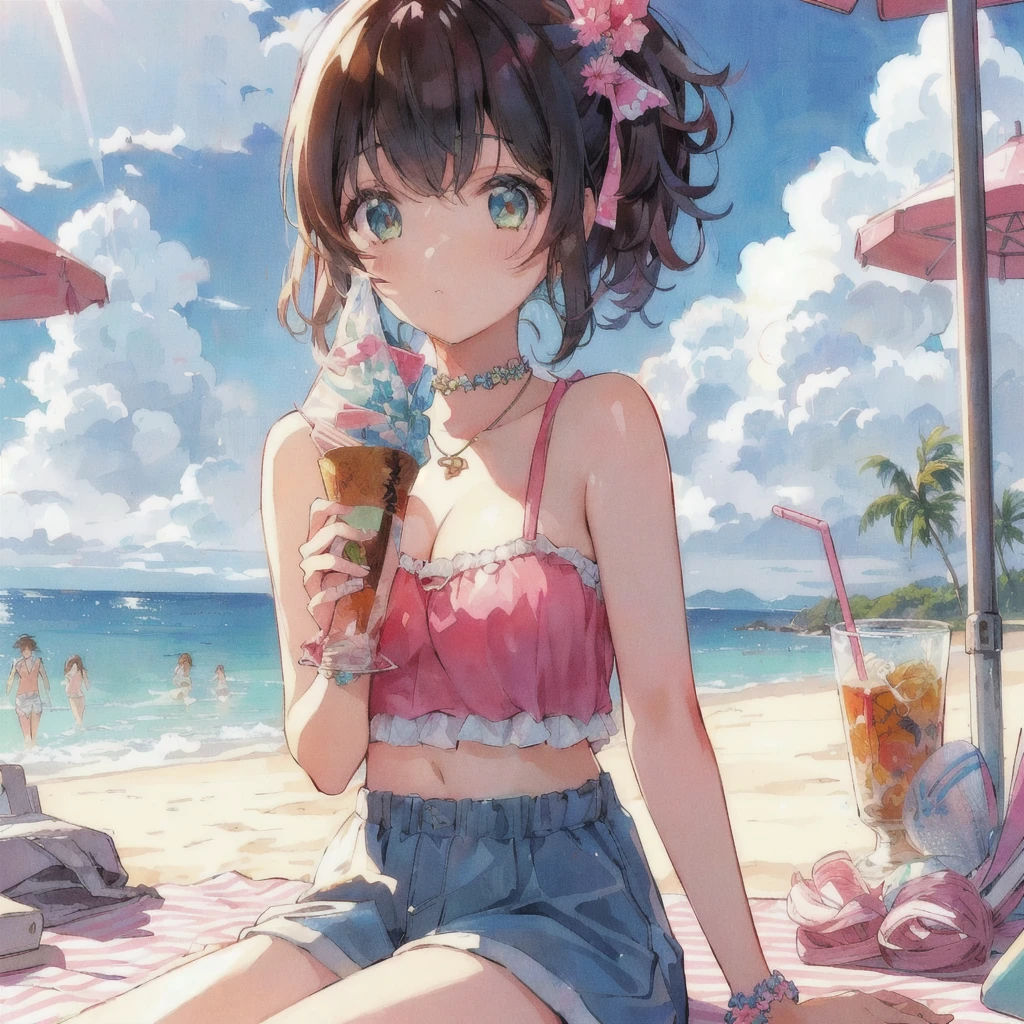 At the Beachソフトクリームを食べるビキニ姿のアニメの女の子, Lo-fi Girl, Retro Anime Girls, 80s anime art style, Beautiful anime art style, At the Beach, Lofi Art, 80s anime art style, Anime illustration, 80s anime art style, High quality anime art style, Anime Style 4k, Anime Wallpaper