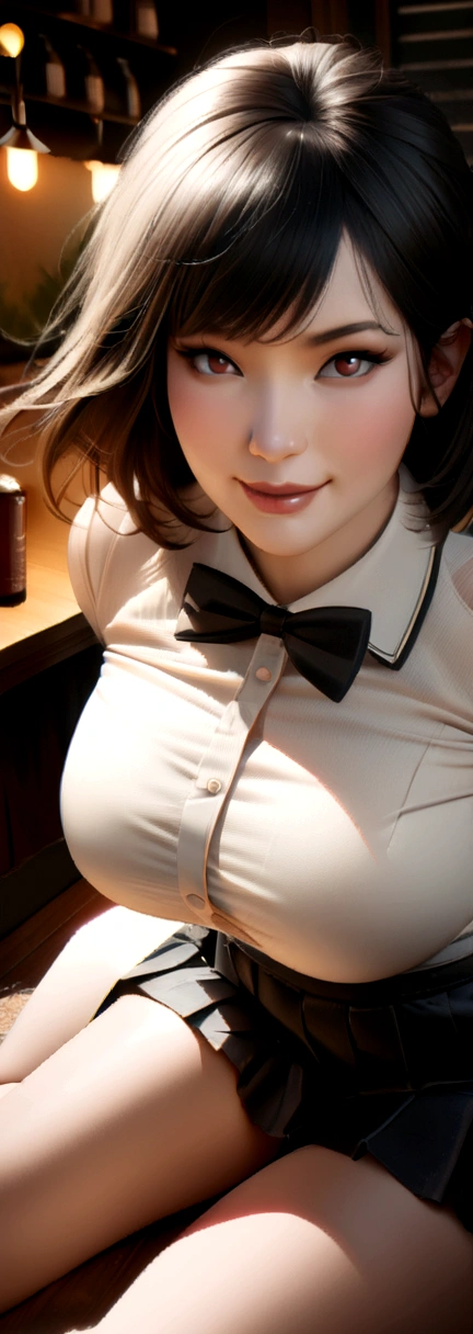 (8K, raw image, best quality, Masterpiece:1.2), (realistic, photo-realistic:1.37), very detailed,
1 woman,cute, alone,Beautifully detailed sky,Detailed cafe,nighttime,sit,full body,dating,(nose blush),(smile:1.1),(gag),(big breasts), seductive smile, large separation, professional lighting, Sony A7R4, 50 mm sessile lens. f1.8,
natural breasts,Beautifully detailed eyes,(collar shirt:1.1), bow tie,pleated skirt,(short hair:1.2),floating hair